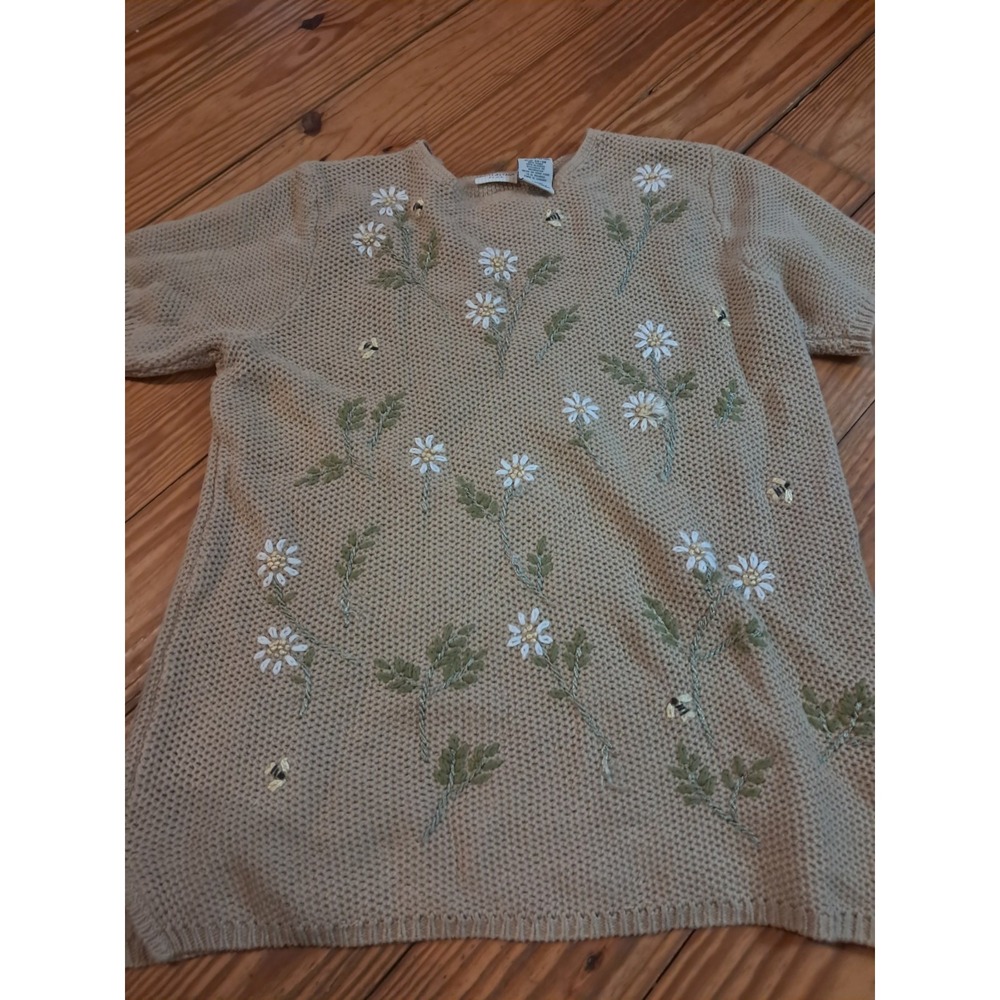 Vintage White Stag Tan Knit & Embroidered Shirt W/Floral & Bees Women's Sz m